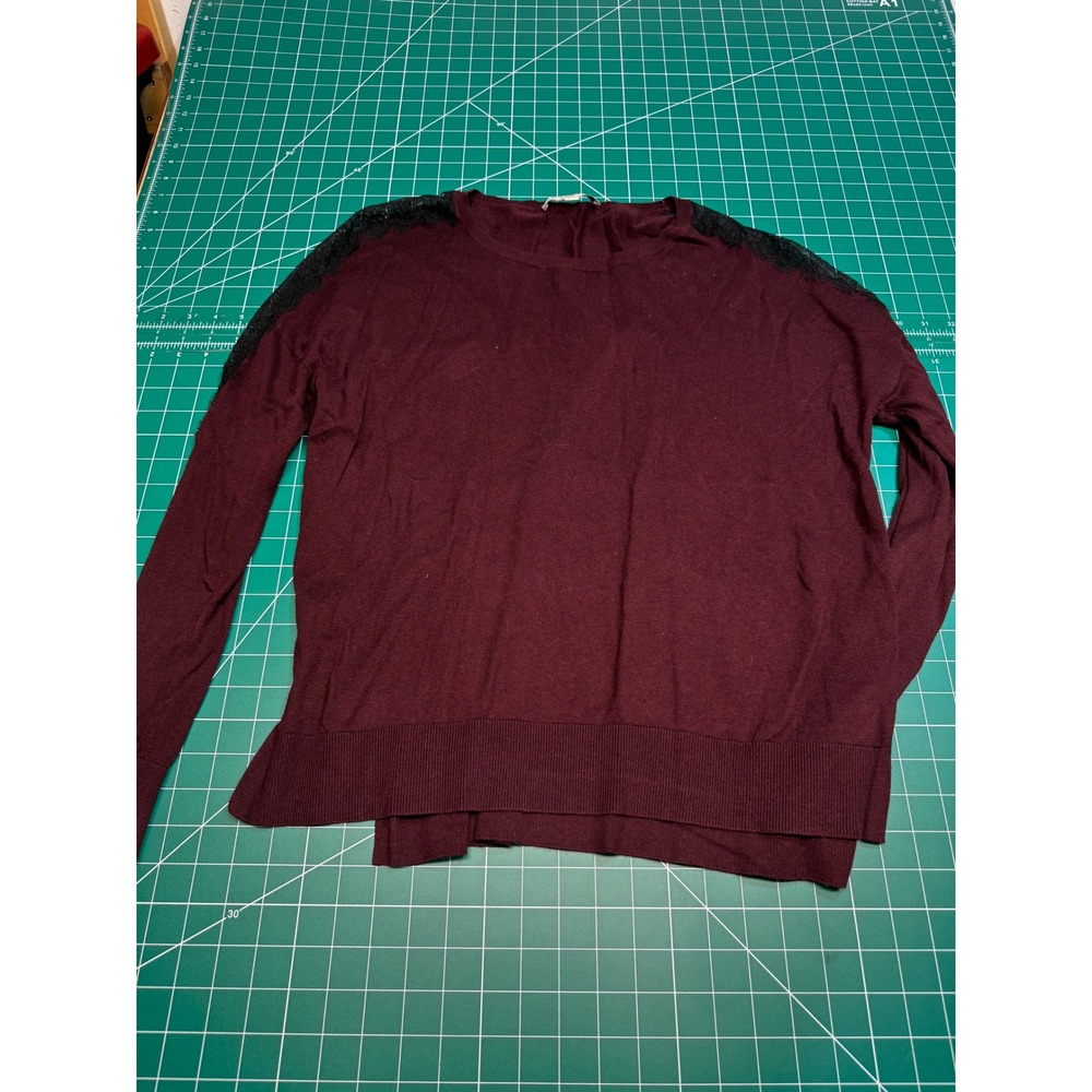 Ann Taylor Loft Womens Large Burgundy Lace Shoulder High Low Crew Neck Sweater